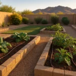 Drip irrigation system watering vegetable plants in a spring Mesa garden with desert mountains in background