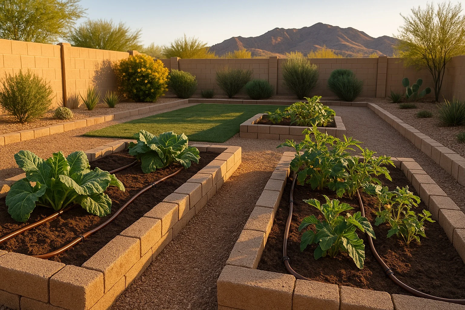 Drip irrigation system watering vegetable plants in a spring Mesa garden with desert mountains in background