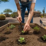 Hands planting seedlings in a raised garden bed filled with rich soil