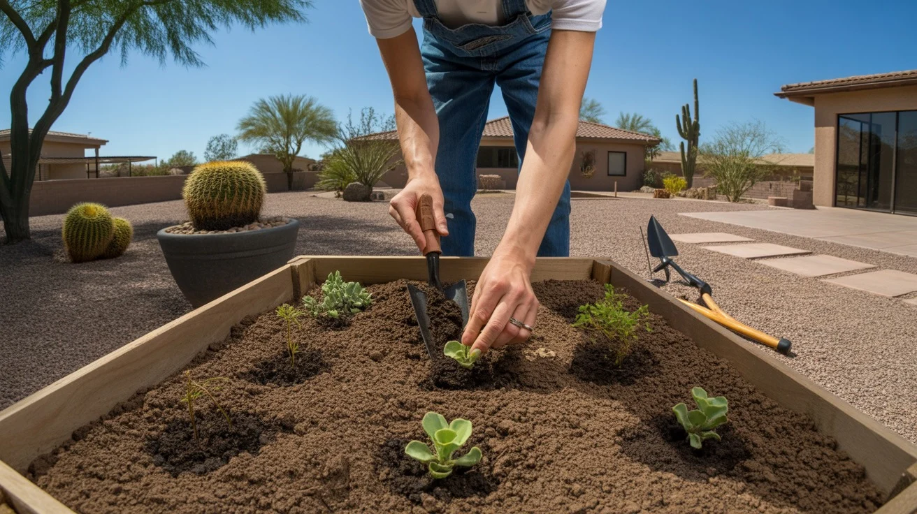 Hands planting seedlings in a raised garden bed filled with rich soil