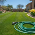 A lush, green lawn in a Mesa backyard with blooming spring flowers and a garden hose.