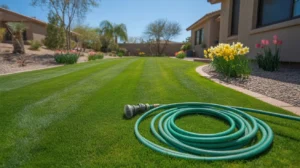 A lush, green lawn in a Mesa backyard with blooming spring flowers and a garden hose.