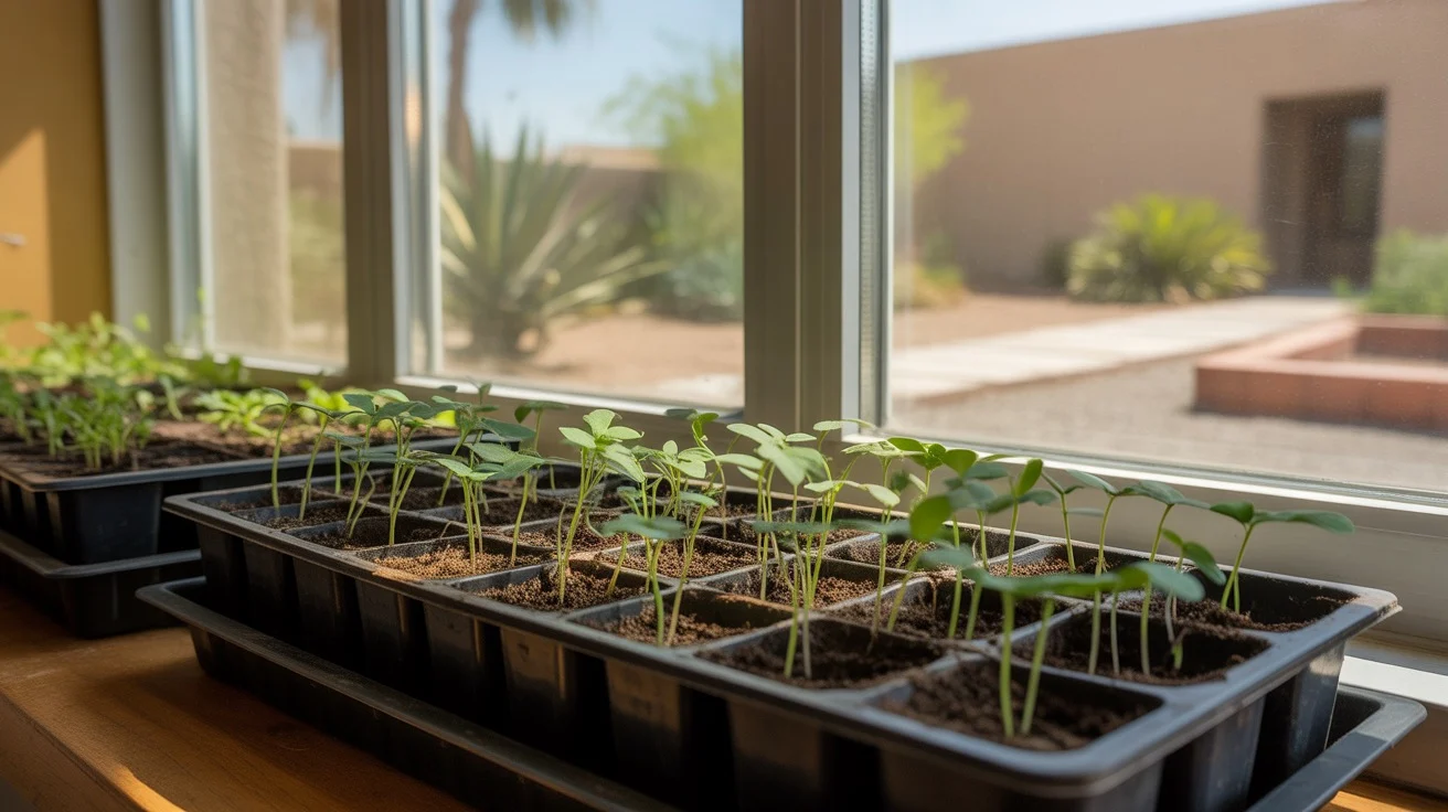 Seedlings growing in seed trays on a sunny windowsill in a Mesa home.