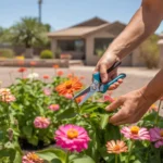 Hands using pruning shears to deadhead spent flowers in a colorful Mesa garden bed