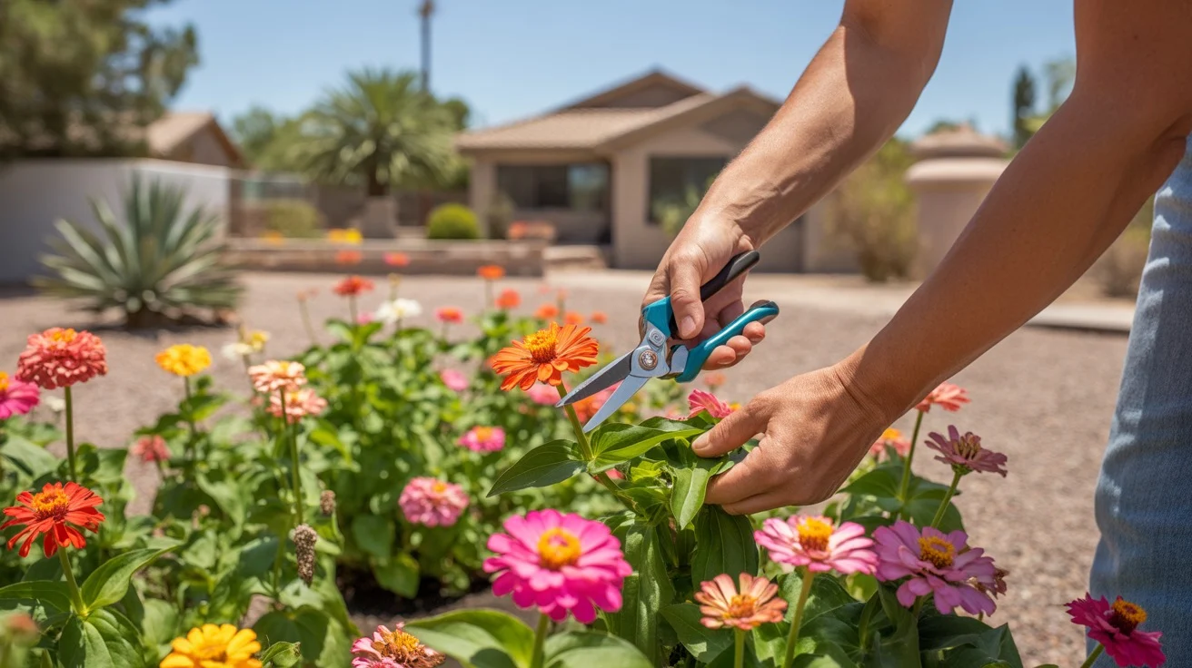 Hands using pruning shears to deadhead spent flowers in a colorful Mesa garden bed
