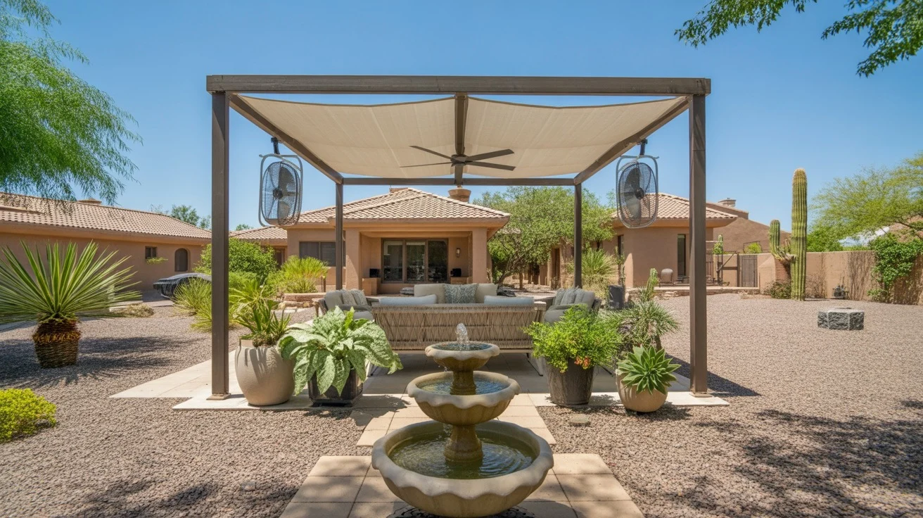 A shaded patio oasis in a Mesa backyard with a pergola, outdoor fans, and a bubbling fountain.