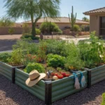 A lush vegetable garden growing in a wicking bed in a Mesa backyard during summer