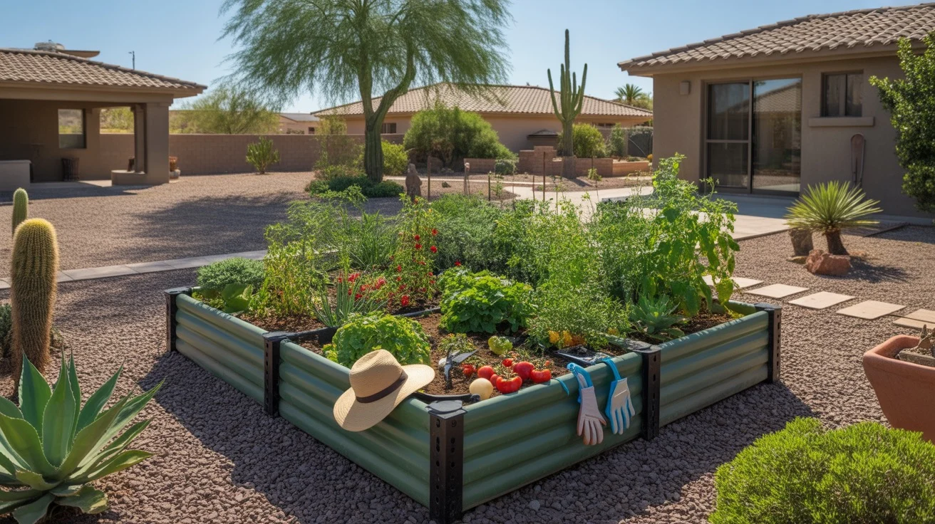A lush vegetable garden growing in a wicking bed in a Mesa backyard during summer