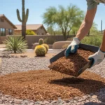 Applying a fresh layer of bark mulch to a Southeast Valley yard bed in mid-summer