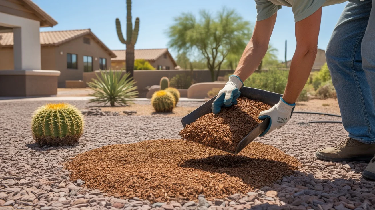 Applying a fresh layer of bark mulch to a Southeast Valley yard bed in mid-summer