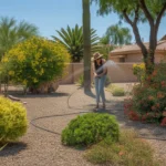 A lush, well-maintained yard in Chandler during mid-summer, with desert-adapted plants and efficient irrigation.