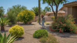 A lush, well-maintained yard in Chandler during mid-summer, with desert-adapted plants and efficient irrigation.