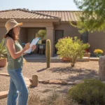 Woman evaluating her Mesa yard's health and appearance in the middle of summer