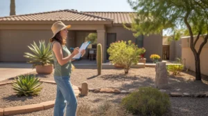 Woman evaluating her Mesa yard's health and appearance in the middle of summer