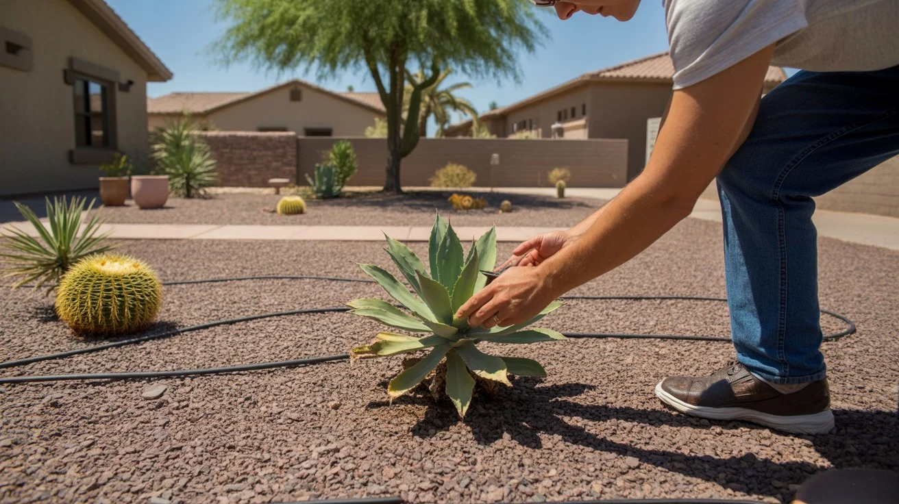 A person evaluating plants and soil in a Queen Creek yard in mid-summer.
