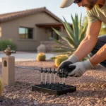 A person checking drip irrigation emitters in a Queen Creek yard during midsummer