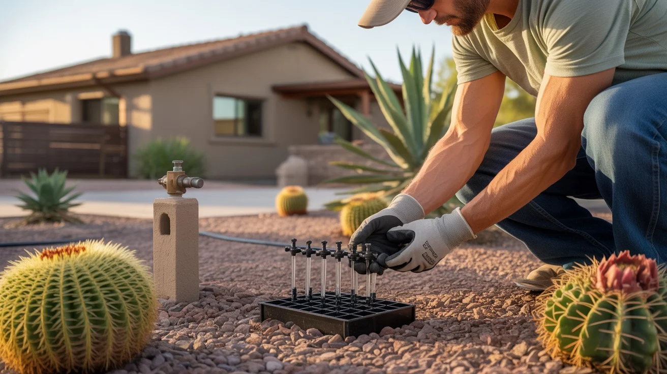 A person checking drip irrigation emitters in a Queen Creek yard during midsummer