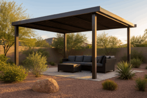 A modern pergola providing shade in a Gilbert, Arizona backyard