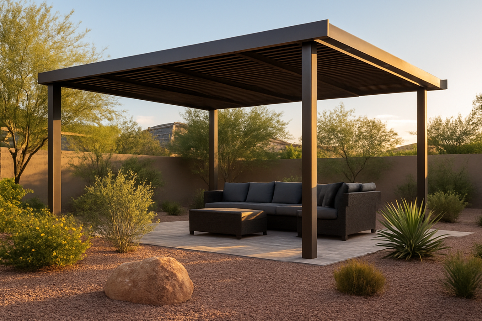 A modern pergola providing shade in a Gilbert, Arizona backyard