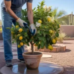 A person caring for a potted citrus tree in a sunny Southeast Valley yard in the morning.