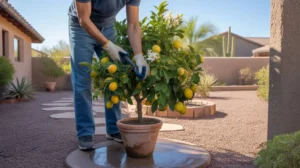 A person caring for a potted citrus tree in a sunny Southeast Valley yard in the morning.