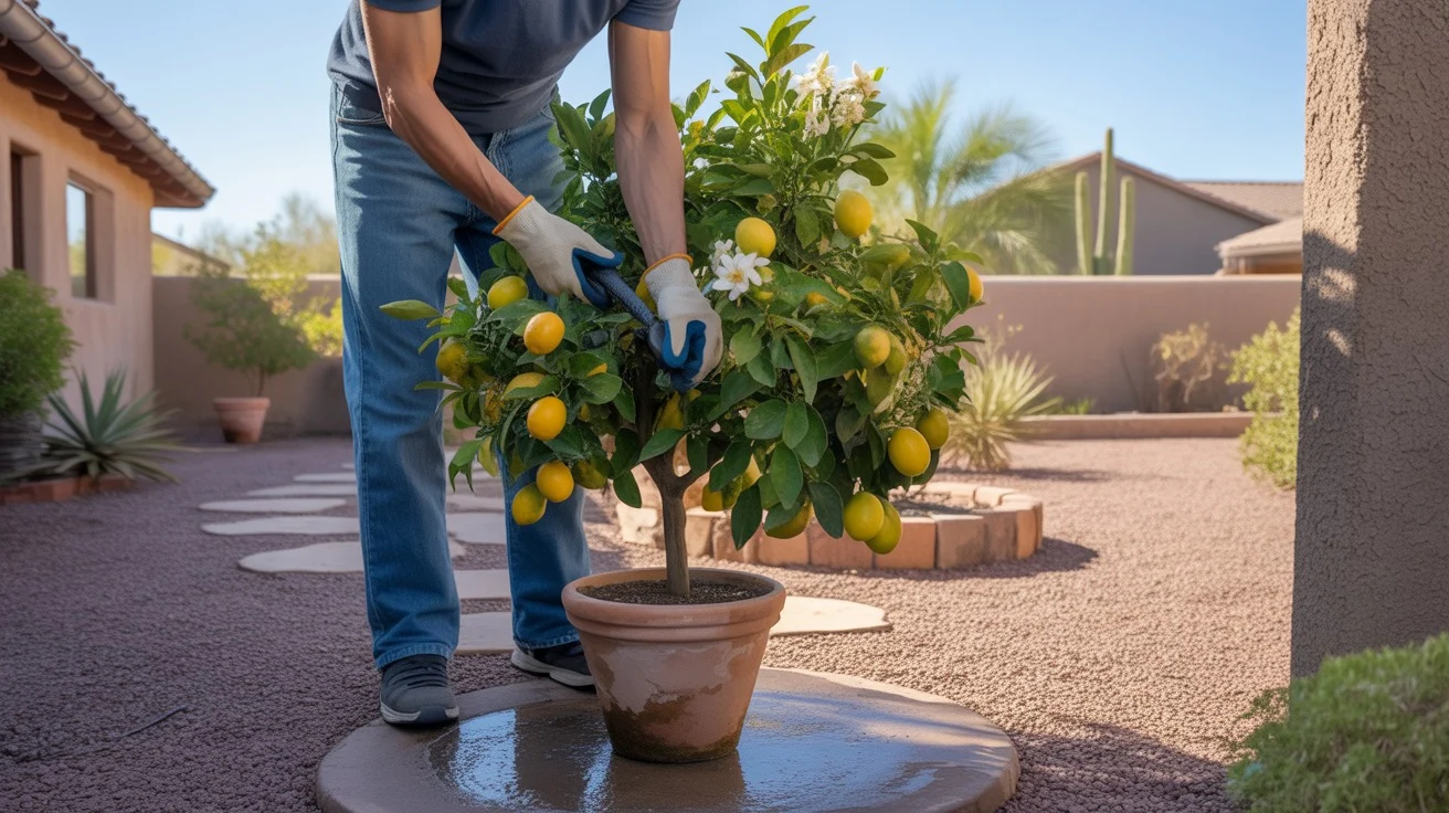 A person caring for a potted citrus tree in a sunny Southeast Valley yard in the morning.