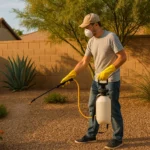 A homeowner in Gilbert applying mosquito control measures in the yard