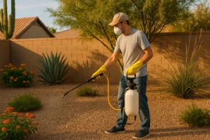 A homeowner in Gilbert applying mosquito control measures in the yard
