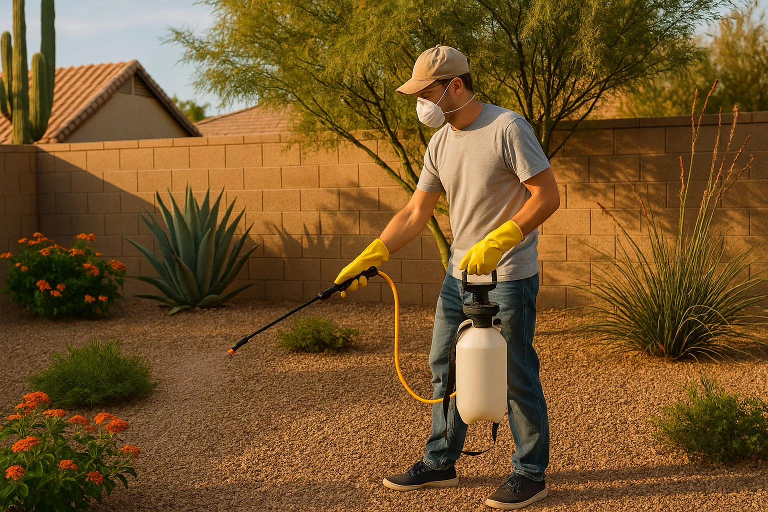 A homeowner in Gilbert applying mosquito control measures in the yard