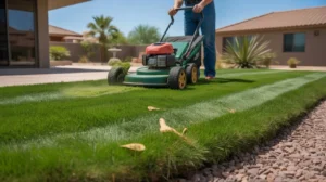 Mowing Bermuda grass to the ideal height in a Gilbert yard during July