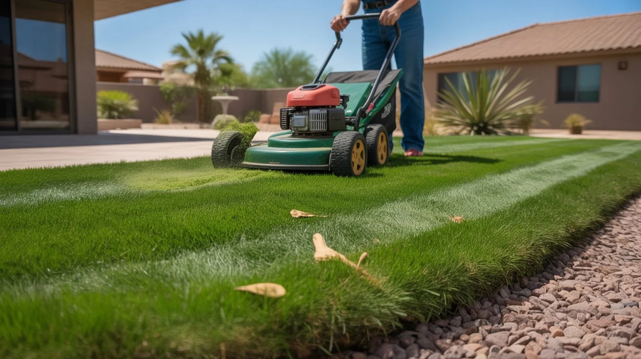 Mowing Bermuda grass to the ideal height in a Gilbert yard during July