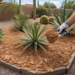 Proper mulch depth of 3 inches applied around plants in a Mesa garden bed