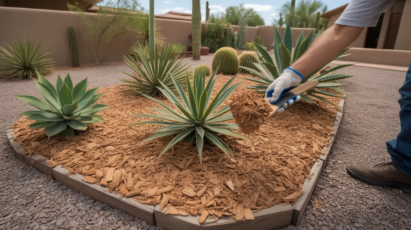 Proper mulch depth of 3 inches applied around plants in a Mesa garden bed