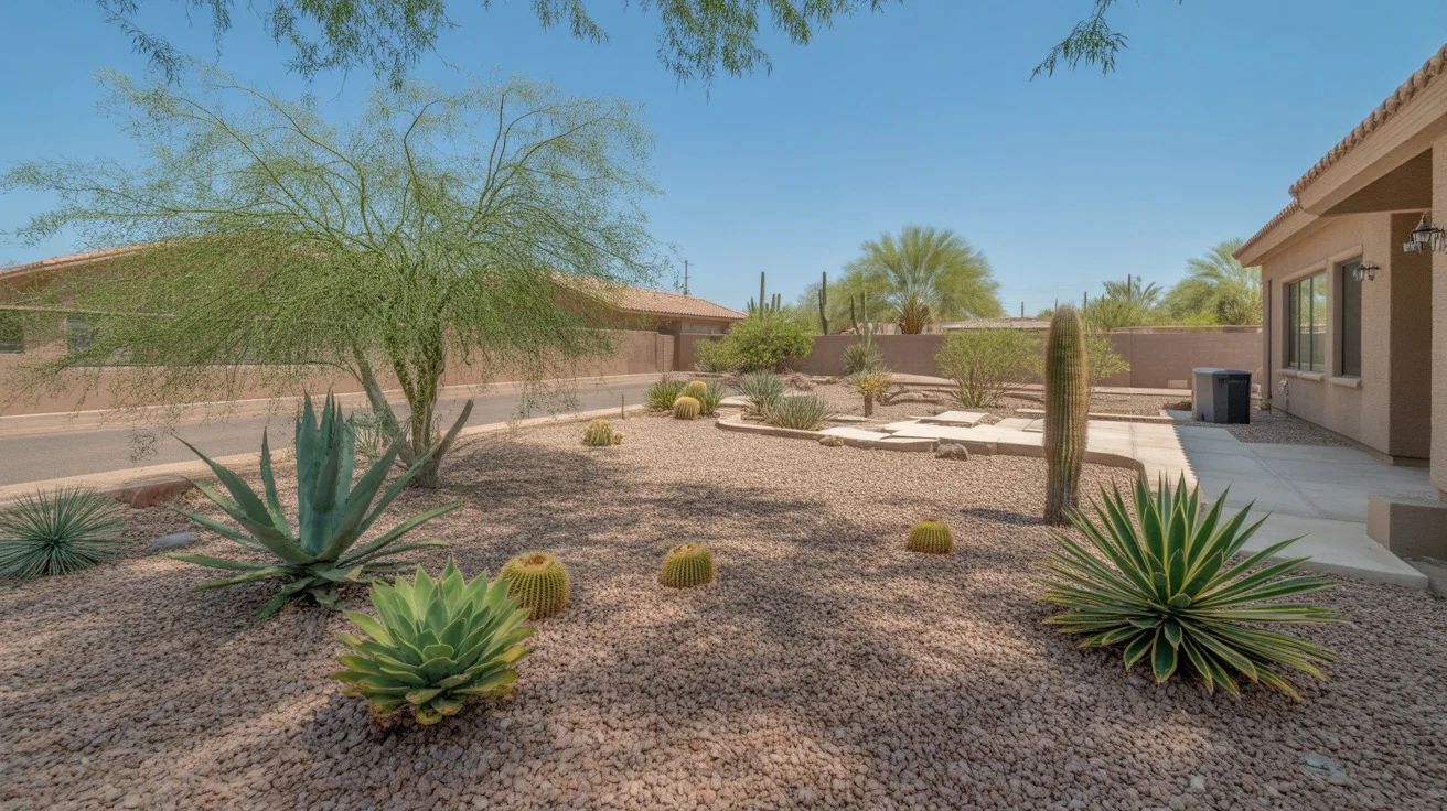 Gravel mulch protecting plants in a Chandler yard during extreme heat