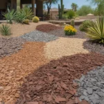 Variety of mulch materials like gravel, bark chips, and river rock in a Gilbert yard.