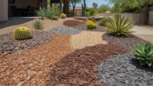 Variety of mulch materials like gravel, bark chips, and river rock in a Gilbert yard.