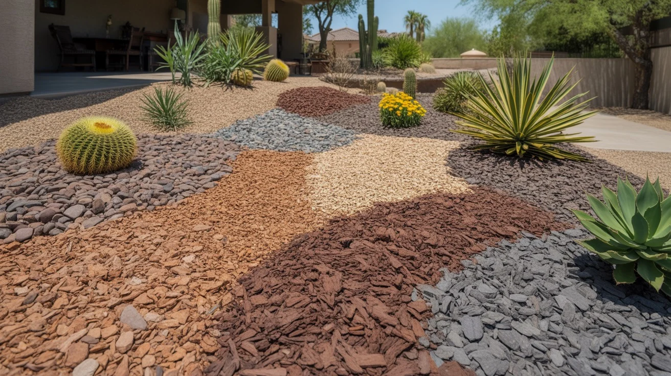 Variety of mulch materials like gravel, bark chips, and river rock in a Gilbert yard.