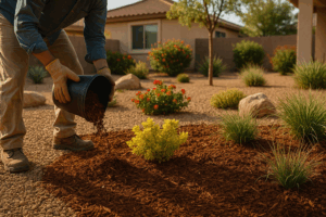 Gardener applying mulch in a Gilbert garden