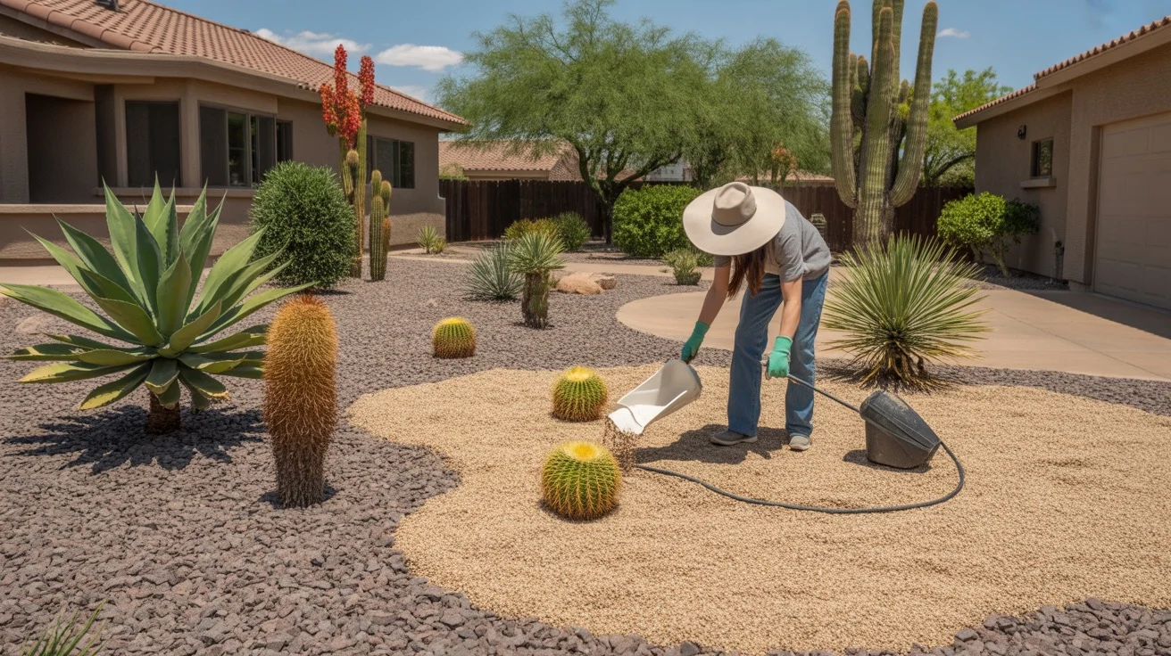 Applying mulch to a Gilbert yard in summer for heat protection and water conservation