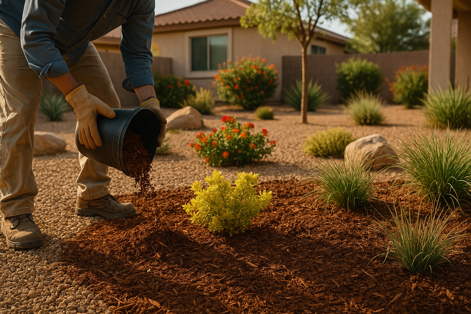 Gardener applying mulch in a Gilbert garden