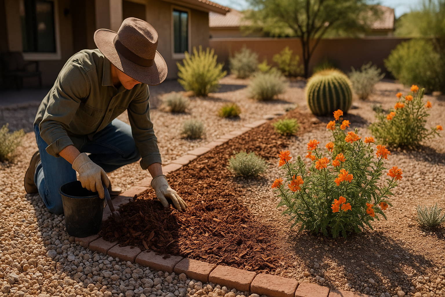 Gardener spreading mulch in a garden in Gilbert
