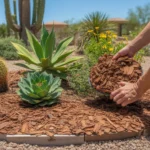 Hands applying bark mulch around plants in a Gilbert garden bed