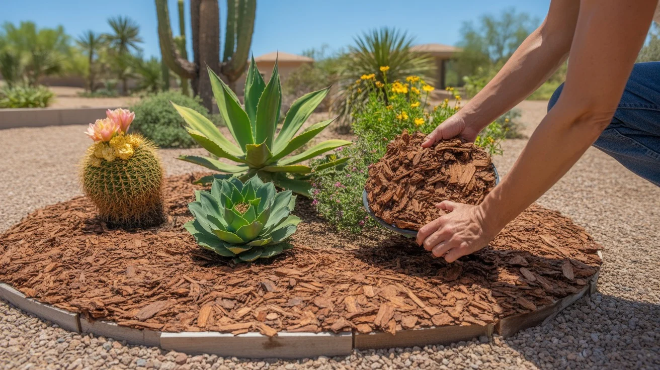 Hands applying bark mulch around plants in a Gilbert garden bed