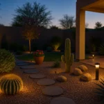 Outdoor lighting illuminating a beautiful Gilbert garden at night