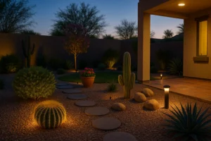 Outdoor lighting illuminating a beautiful Gilbert garden at night