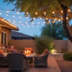 String lights illuminating a cozy backyard patio at night in Gilbert, Arizona