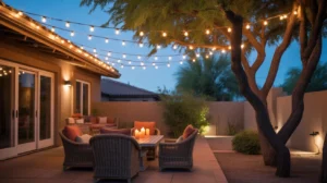 String lights illuminating a cozy backyard patio at night in Gilbert, Arizona