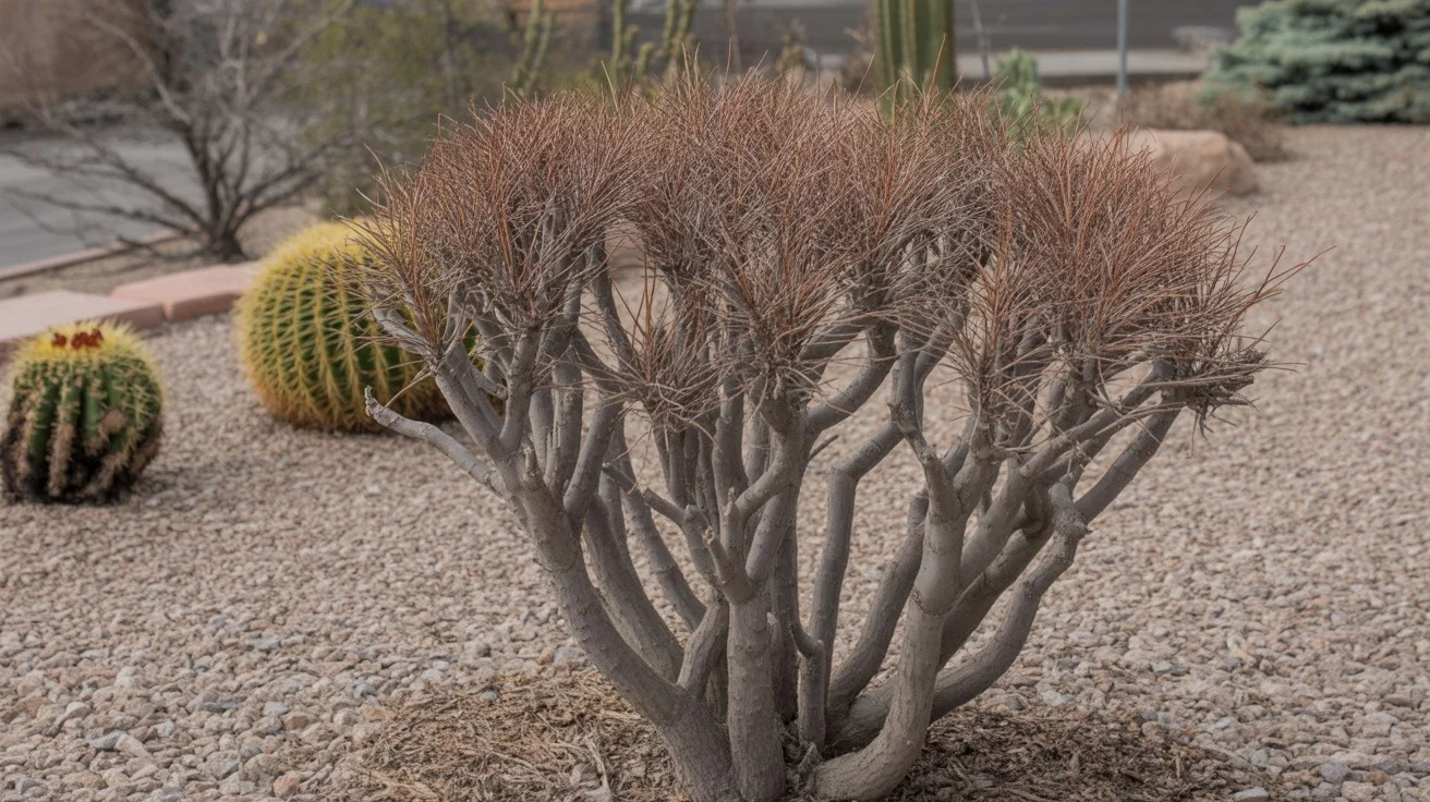An overpruned shrub with bare, stubby branches in a Southeast Valley yard