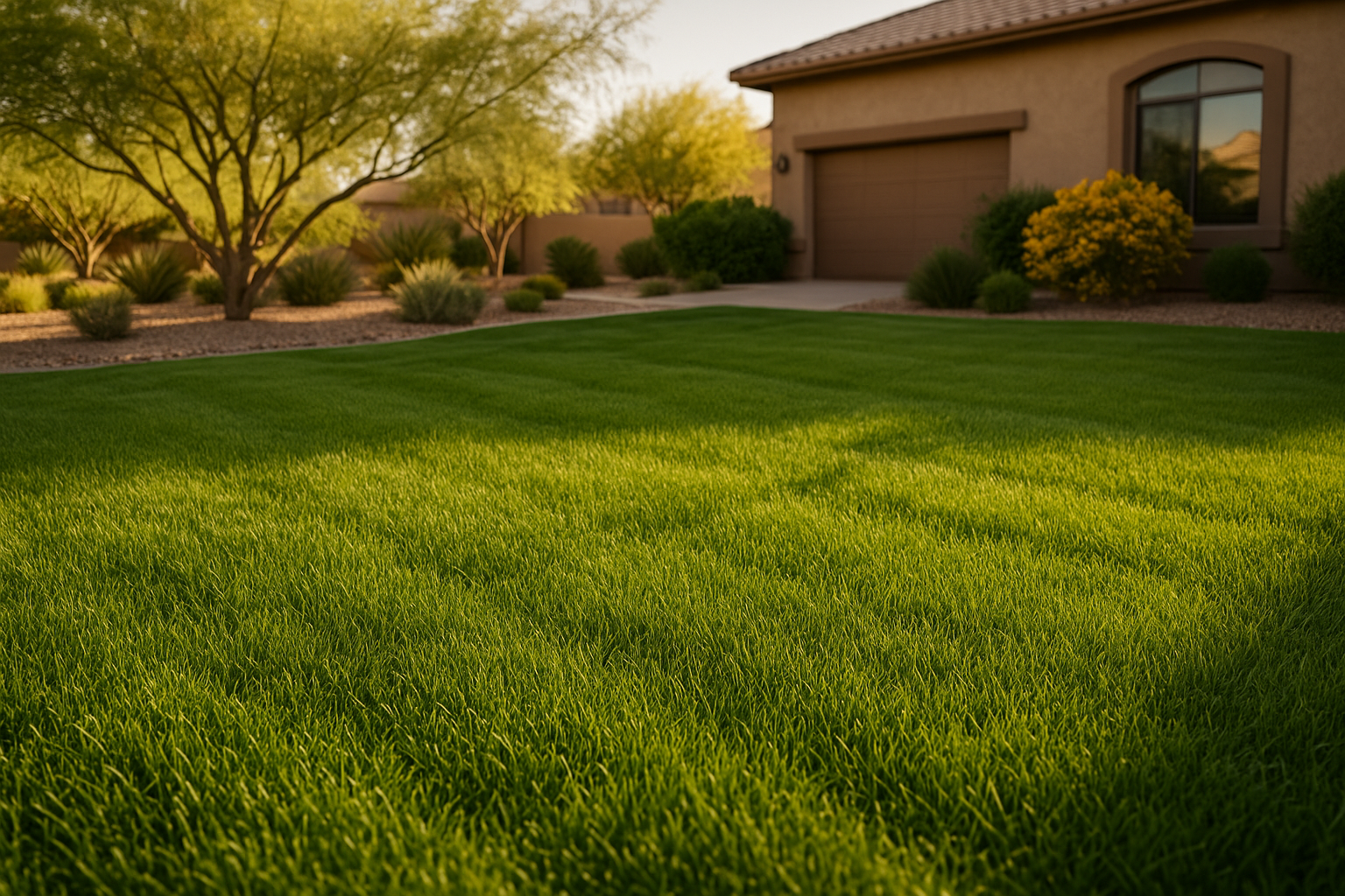 A lush green lawn in Gilbert after successful overseeding
