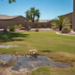 An overwatered lawn in Gilbert showing signs of yellowing, mushroom growth, and puddles.